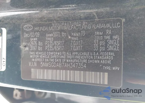 2010 Hyundai Santa Fe Gls z USA, uszkodzony, nr VIN 5NMSGDAB7AH347354